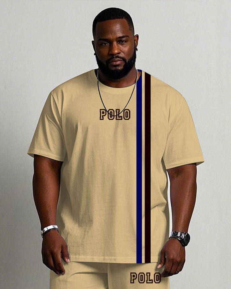 Men's Plus Size Casual Khaki Chest Small Label Printed Short-sleeved T-shirt Trousers Suit