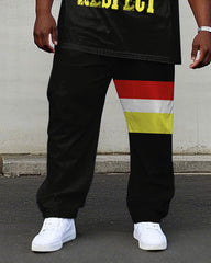 Men's Plus Size Casual Black "Respect" Slogan Chest Print Short Sleeve T-Shirt Trousers Suit