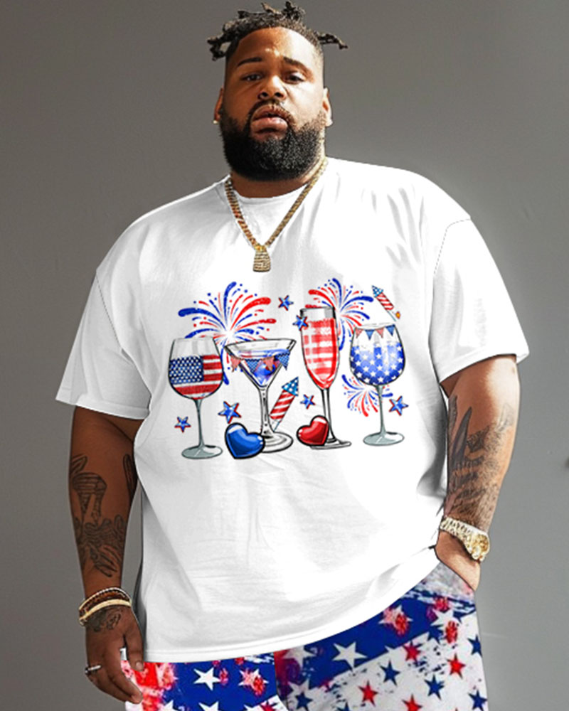 Men's Big & Tall Independence Day Flag Wine Glass Fireworks Print T-Shirt Set