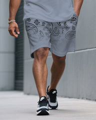 Men's Plus Size Gray Blue Gradient Paisley Pattern Round Neck Short Sleeve T-shirt Shorts Suit