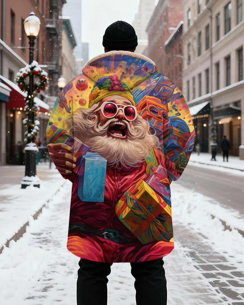 Big & Tall Men's Colorful Abstract Santa Claus Gift Printed Velvet Thickened Long Hooded Coat