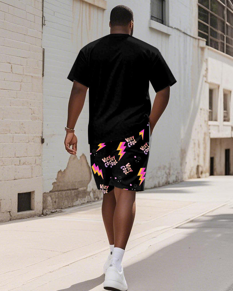 Men's Plus Size Street Graffiti Black Fun BIGGMANS Letter Print Round Neck Short Sleeve T-Shirt Shorts Suit