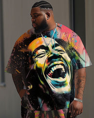 Men's Big & Tall Street Fashion Graffiti Tribute Singer Printed T-Shirt Trousers Set