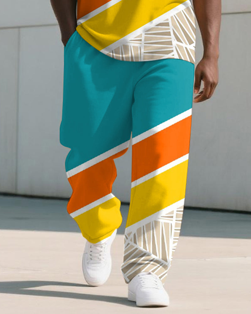 Men's Plus Size Blue And Yellow Color Block Geometric Print T-shirt Trousers Suit