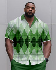 Big & Tall Men's Daily Leisure. Irregular Green Gradient Diamond Print Shirt Shorts Suit