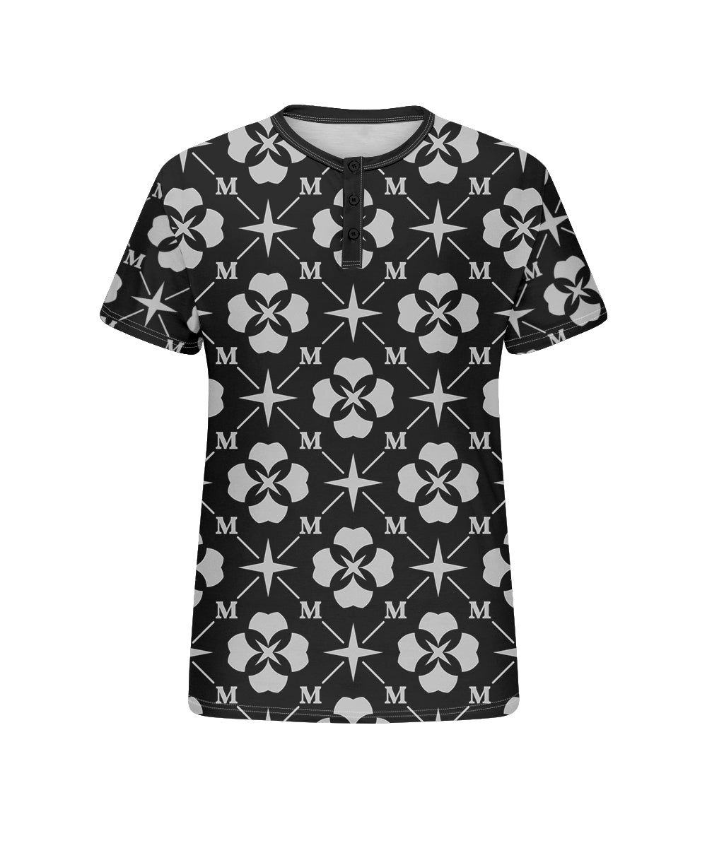 Big & Tall Men's Black Geometric Alphabet Print Henry Collar Button Short Sleeve Tee