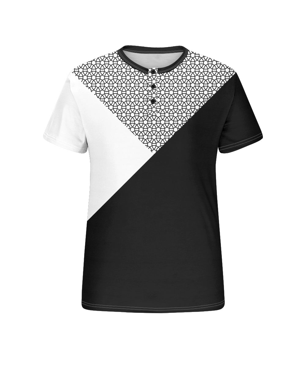 Men's Plus Size Black And White Color Block Geometric Print Henry Collar Button Short Sleeve T-shirt
