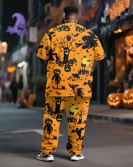 Big & Tall Men's Halloween Orange Black Color Cartoon Pumpkin Bat Print T-Shirt Pants Suit