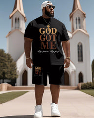 Men's Plus Size Gold Got Me Letters Print Short Sleeve T-Shirt Shorts Suit