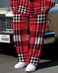 Men's Simple Fashion Red Plaid Printed Daily Casual Big & Tall Long Sleeve Shirt Pants Set