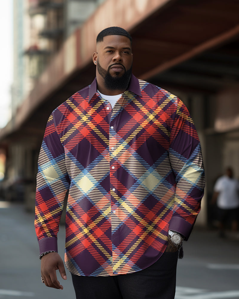 Men's Plus Size Red Plaid Colorblock Long Sleeve Lapel Long Sleeve Shirt