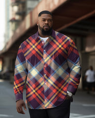 Men's Plus Size Red Plaid Colorblock Long Sleeve Lapel Long Sleeve Shirt