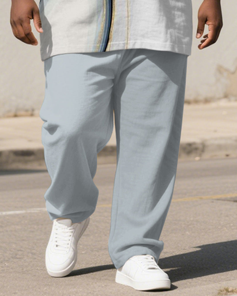 Men's Plus Size Blue And White Color-block Gradient Line Print Henry Collar T-shirt Trousers Suit