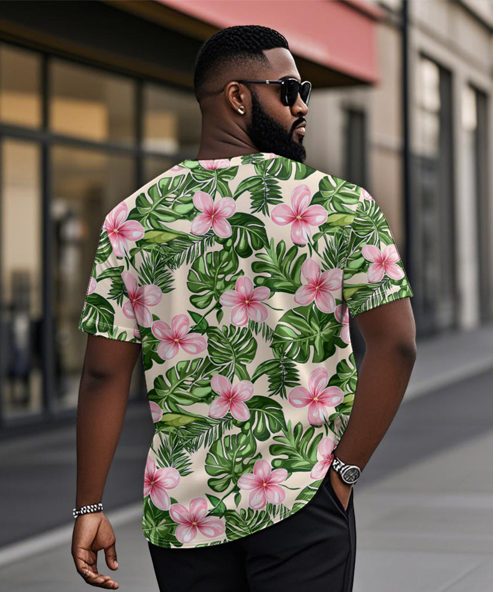 Men's Plus Size Hawaiian Green Floral Print Henry Collar Button Short Sleeve Tee