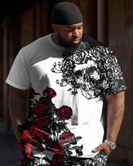 Men's Plus Size Street Fashion Skull Feather Rose Print T-Shirt Trousers Suit