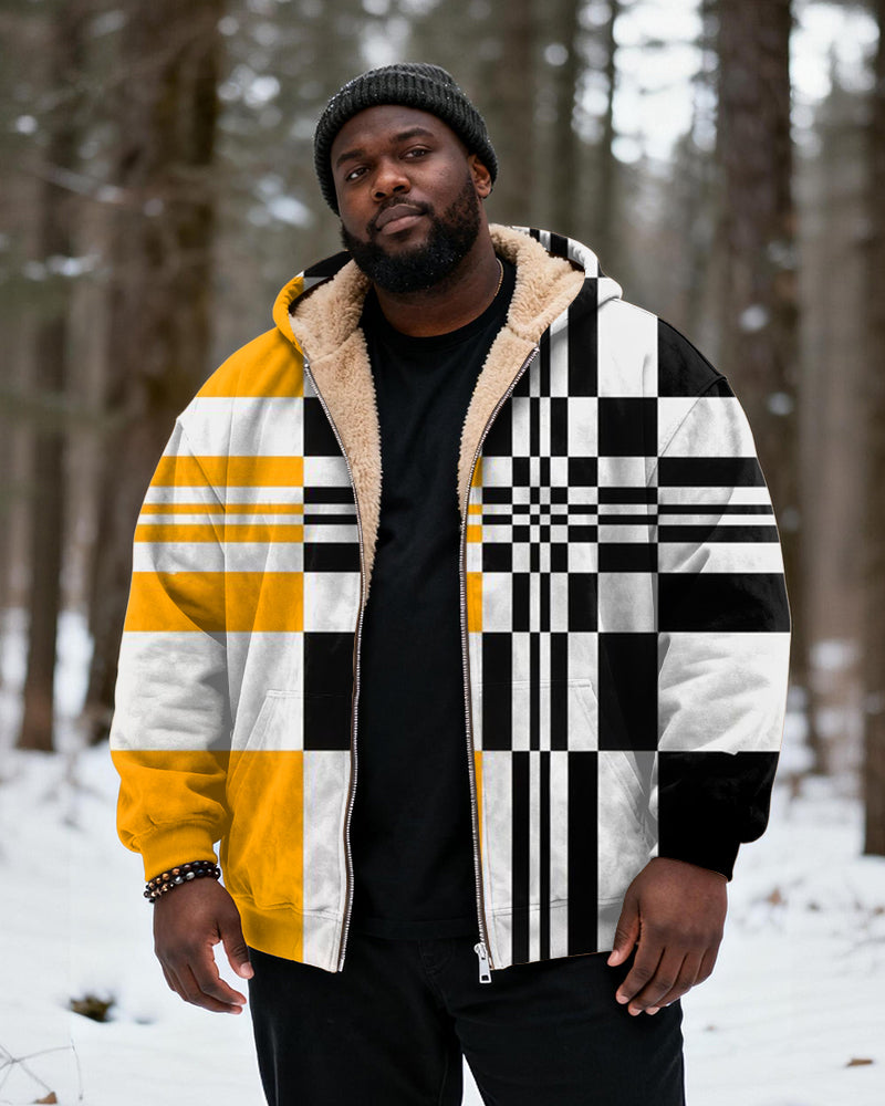 Big & Tall Men's Yellow Black And White Geometric Check Contrast Printed Velvet Padded Zipper Hoodie