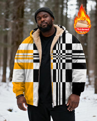 Big & Tall Men's Yellow Black And White Geometric Check Contrast Printed Velvet Padded Zipper Hoodie