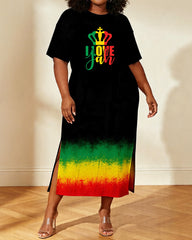 Large Size Women I Love Jah Crown Text Gradient Side Slit Short Sleeve Long Dress
