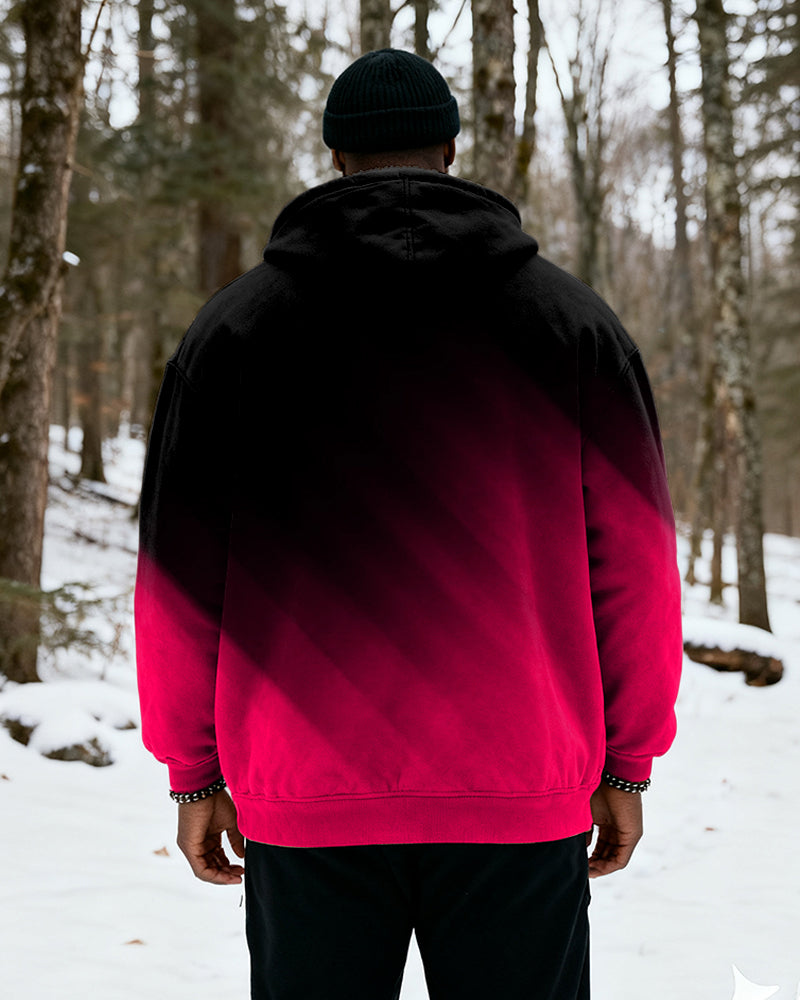 Big & Tall Men's Black And Red Gradient Print Velvet Thickened Zip Cardigan Hoodie