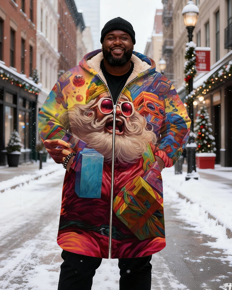 Big & Tall Men's Colorful Abstract Santa Claus Gift Printed Velvet Thickened Long Hooded Coat