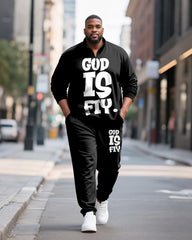 Big & Tall Men's GOD IS FIY Letter Print POLO Collar Zipper Long Sleeve Pants Two-Piece Set