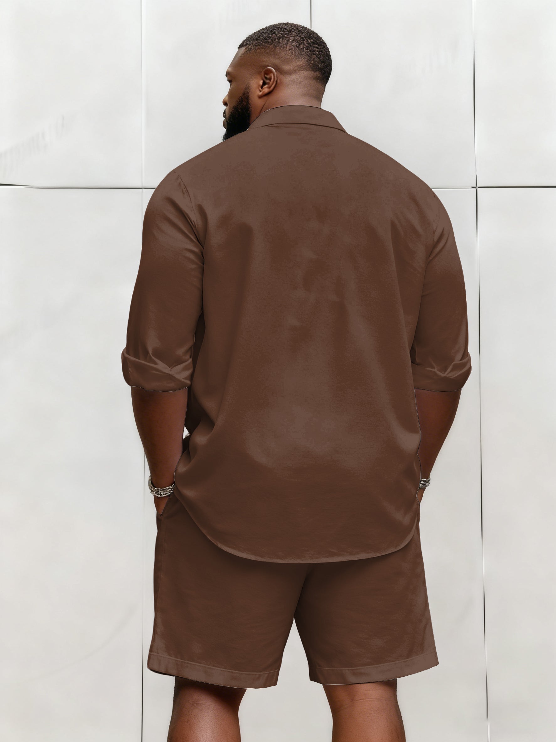 Big & Tall Men's Business Solid Color Long Sleeve Shirt Shorts Set