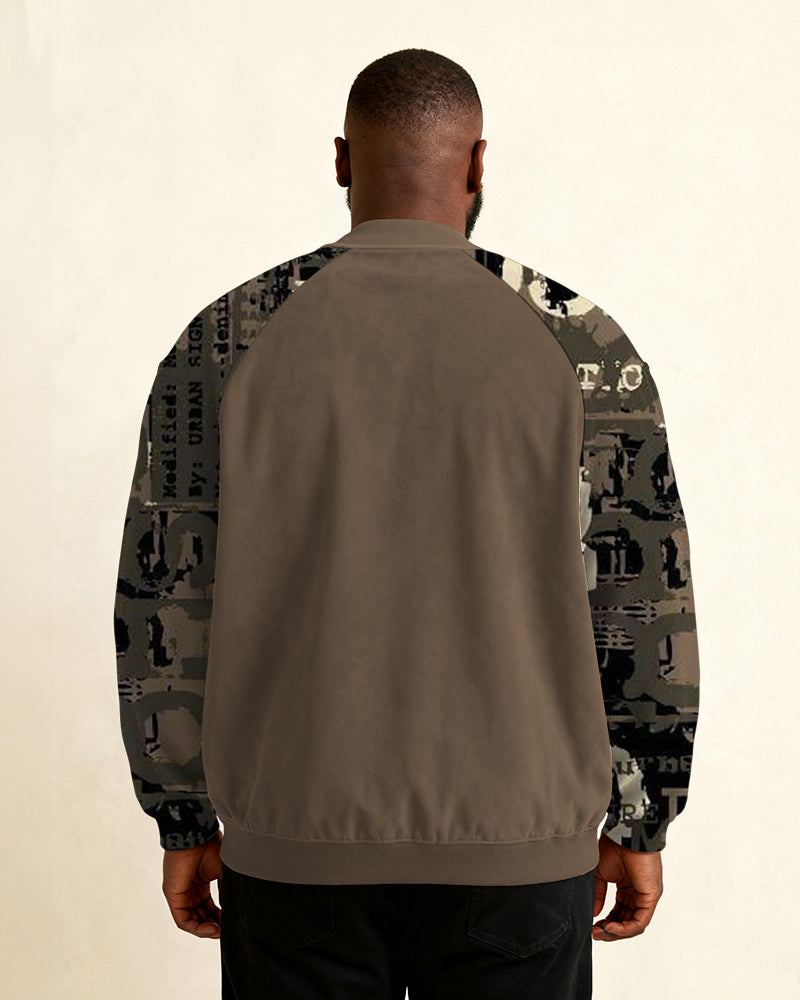 Big & Tall Men's Brown Alphabet Graffiti Print Zip Long Sleeve Jacket