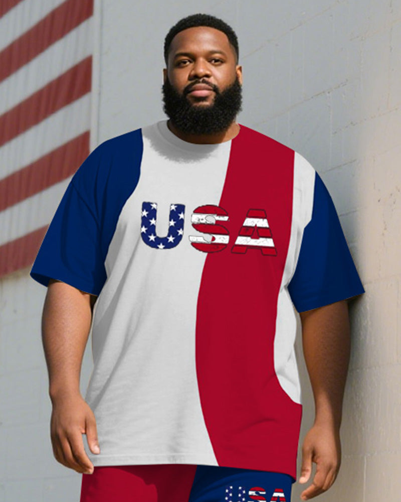 Men's Plus Size Independence Day Blue And Red Color Block Geometric USA Letter Printed T-shirt Trousers Suit