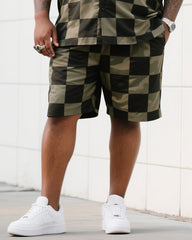 Big Men's Daily Casual Checkerboard Square Short Sleeve Shirt Shorts Suit