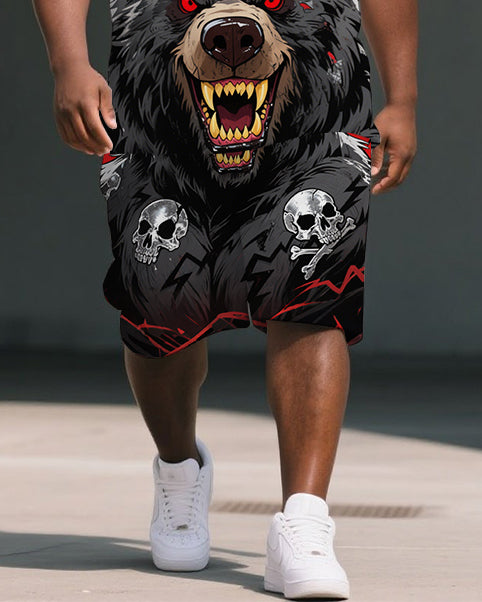Men's Dark Style Skull and Bear Cartoon Printed Big Size Short-Sleeve Polo Shirt Shorts Set