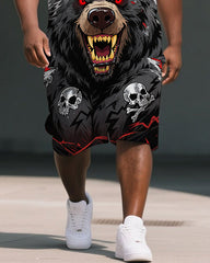 Men's Dark Style Skull and Bear Cartoon Printed Big Size Short-Sleeve Polo Shirt Shorts Set