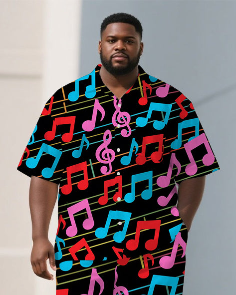 Men's Big Size Casual Cartoon World Musical Note Printed Short-Sleeve Shirt Pants Sets