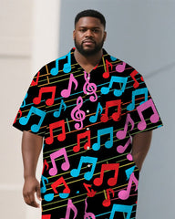 Men's Big Size Casual Cartoon World Musical Note Printed Short-Sleeve Shirt Pants Sets