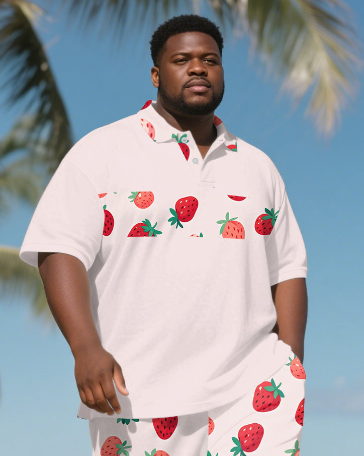 Big Men's Romantic Strawberry Hawaiian Theme Short Sleeve Polo Shirt 2-piece Short Set