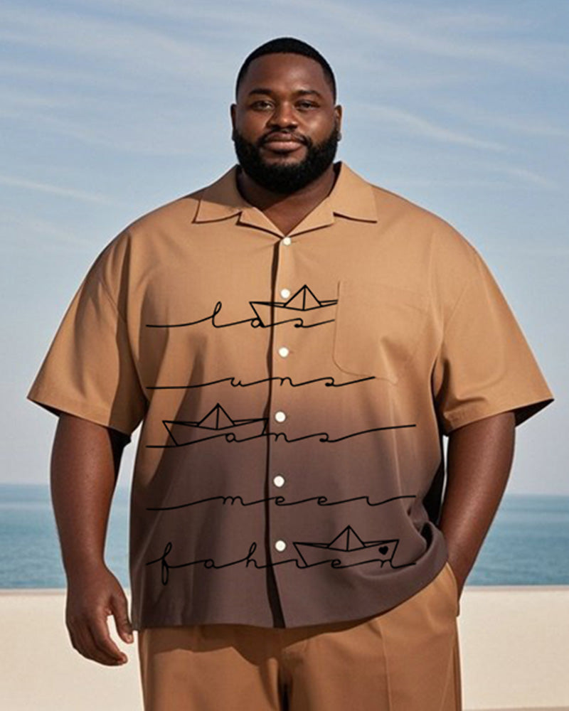 Big & Tall Men's Hawaiian Vacation Brown Gradient Line Sailing Print Pocket Shirt Shorts Suit