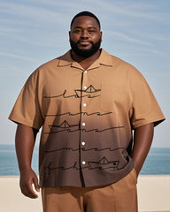 Big & Tall Men's Hawaiian Vacation Brown Gradient Line Sailing Print Pocket Shirt Shorts Suit
