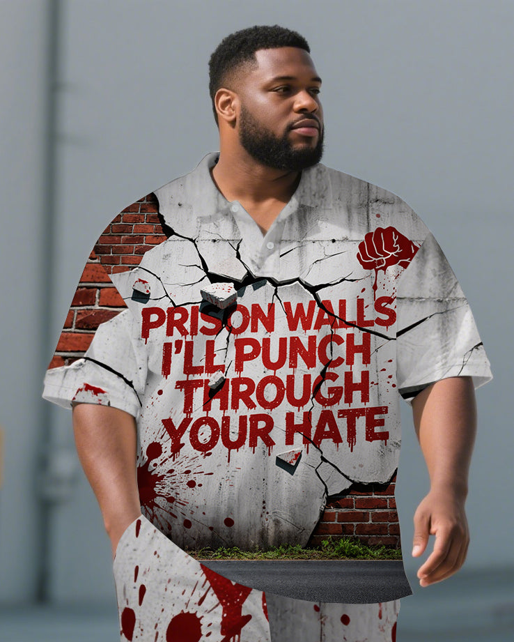 Big Men's Casual Style PRISON Theme Broken Wall Printed Short-Sleeve Polo Shirt Shorts Set