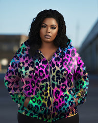 Women's Plus Size Graffiti Colorful Leopard Print Long Sleeve Zip Hoodie