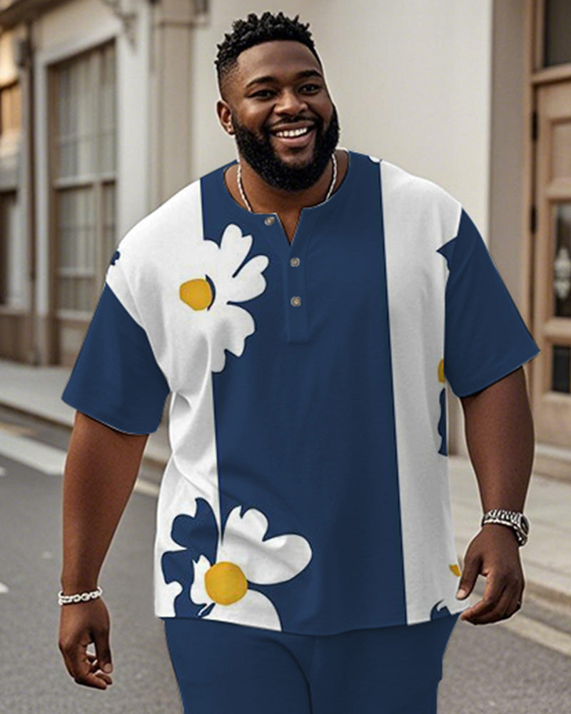 Men's Plus Size Blue And White Flower Colorblock Stripe Geometric Print Henry Collar T-Shirt Trousers Suit