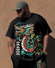 Men's Plus Size Black Vintage Dragon Totem Print T-Shirt Trousers Suit