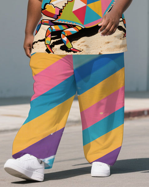 Big Guy's Animal World Crab & Colorful Stripe Printed Casual Short Sleeve T-shirt Pants Set