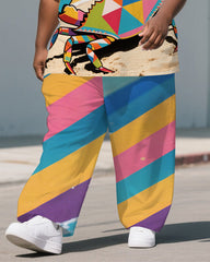 Big Guy's Animal World Crab & Colorful Stripe Printed Casual Short Sleeve T-shirt Pants Set