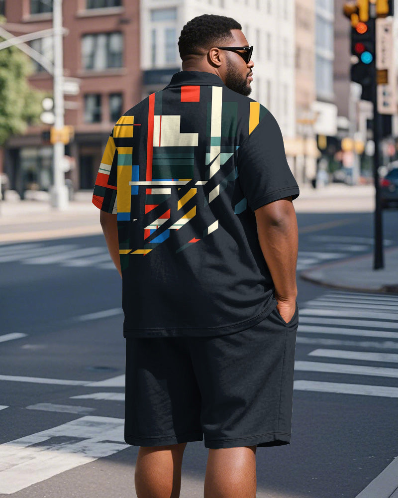Big & Tall Men's Business Black Geometric Color Print Short Sleeve Polo Shirt Shorts Suit