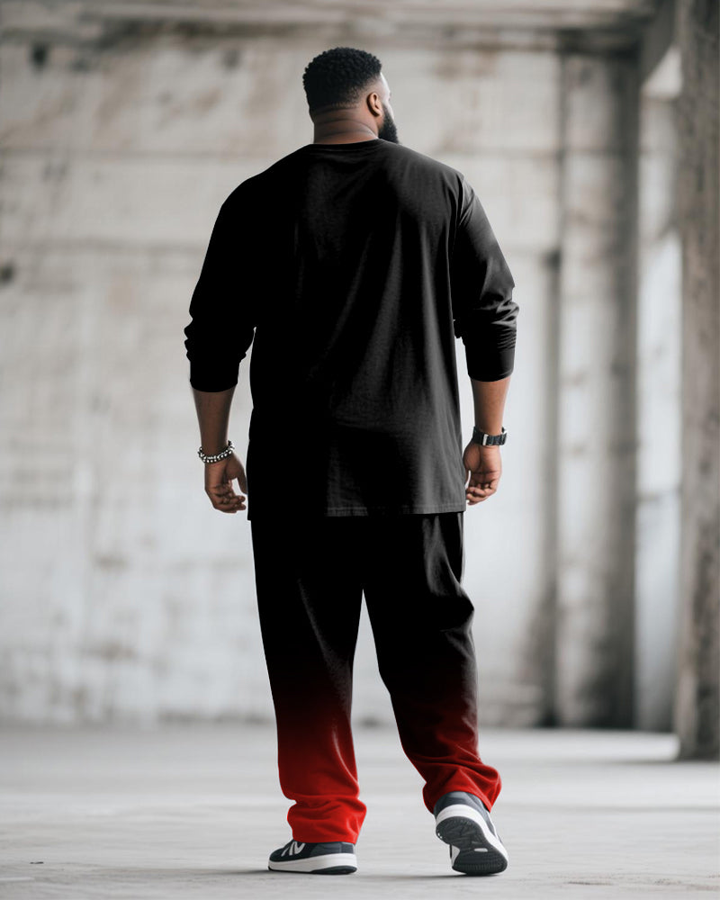 Big & Tall Men's Black And Red Gradient Letter Horn Printing Long Sleeve T-Shirt Pants Suit