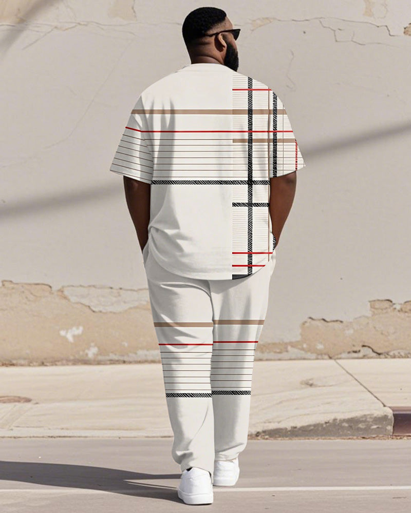 Men's Plus Size White Khaki Colorblock Stripe Print Henley Collar T-Shirt Trousers Suit