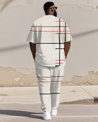 Men's Plus Size White Khaki Colorblock Stripe Print Henley Collar T-Shirt Trousers Suit