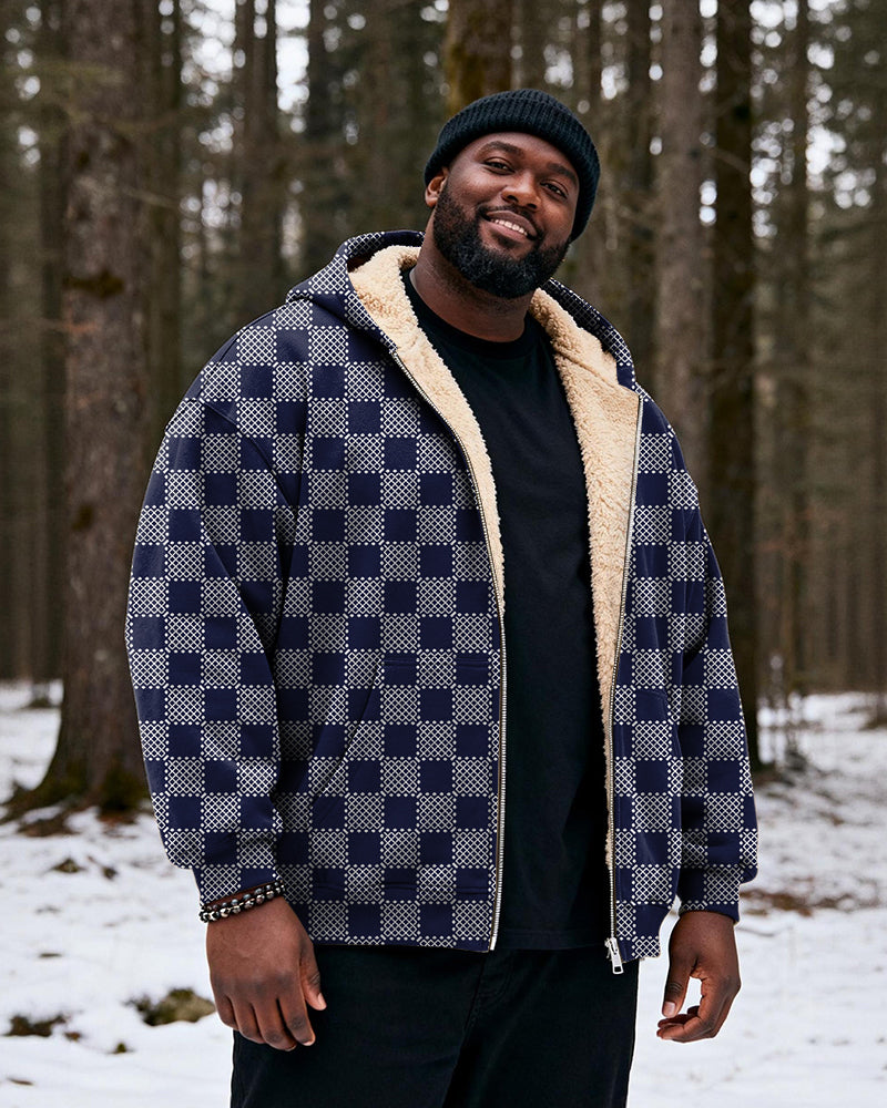 Big & Tall Men's Navy Gray Plaid Printed Velvet Padded Zipper Hoodie