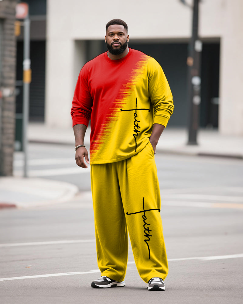 Big & Tall Men's Casual Gradient Faith Letter Printed Long Sleeve T-Shirt Pants Set