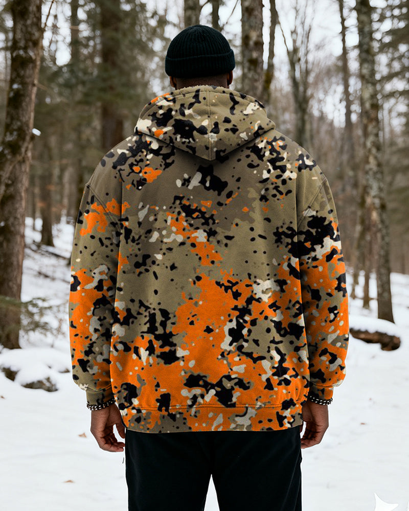 Big & Tall Men's Orange Black Camo Print Velvet Thickened Zip Cardigan Hoodie