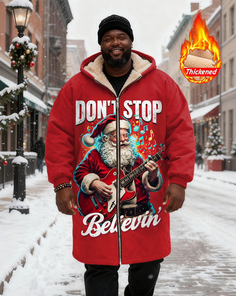 Big & Tall Men's Red DON'T STOP Believin' Santa Claus Playing Guitar Printed Velvet Thickened Long Hooded Coat